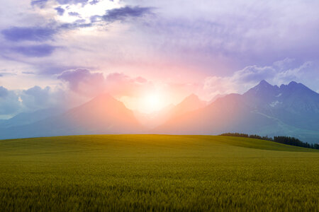 Amazing sunset. Landscape high mountains. Landscape in the fields. photo