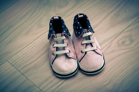 Pink Infant Shoes on Wooden Floor photo