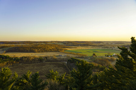 Wisconsin farmland landscape overlook at sunset