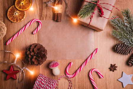 Christmas vintage background. Christmas decoration and Christmas ornaments on wooden background photo