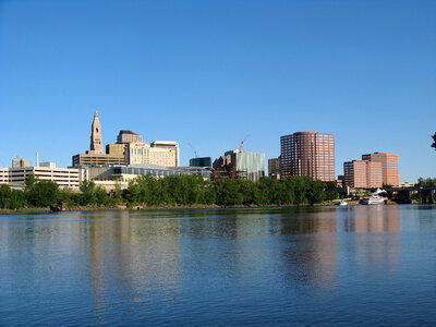 Downtown Skyline beyond the lake in Hartford, Connecticut photo