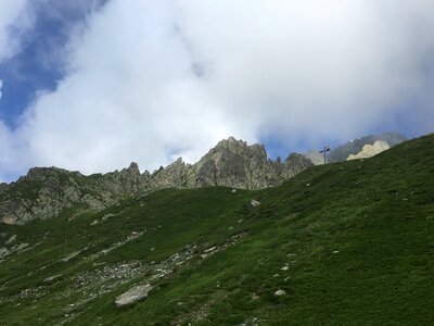 Mountain trail looking towards Mont Blanc mountain range photo