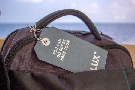 Luggage Tag Label on Suitcase or Bag with the Sea Behind It photo