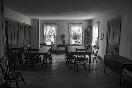 Monochrome black and white dining room at Wade House