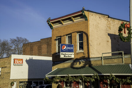 Emberson Market sign and building in Blanchardville, Wisconsin