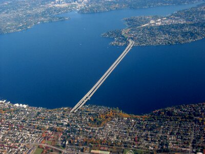 Aerial view of the Interstate 90 floating bridge in Mercer Island, Washington photo