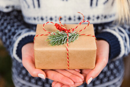 2 Woman’s hands hold christmas gift box. Merry Christmas photo