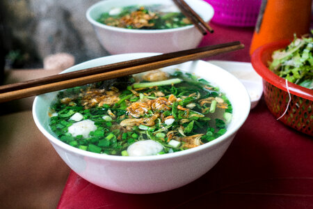 Vietnamese soup with chicken balls photo