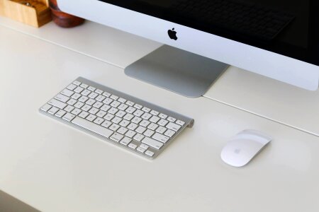 The monitor on a desk mockup poster. The working surface photo