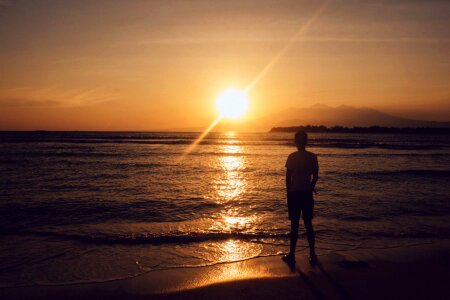 Man Beach Sunset Mountains