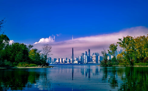 Skyline of Toronto from across the lake in Ontario, Canada photo