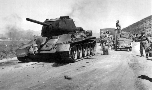 Destroyed T-34 Tank along the road during the Korean War photo