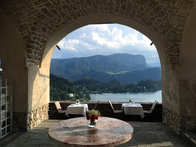 Medieval castle on the Bled lake photo