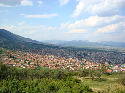 Hilly landscape and town in Kirkagac, Turkey
