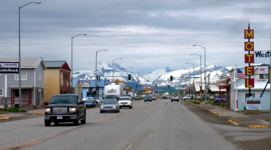 Downtown Browning With Mountains in the Background in Montana photo