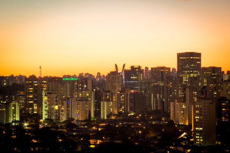 Dusk Skyline with skyscrapers and orange Skies in Sao Paulo, Brazil