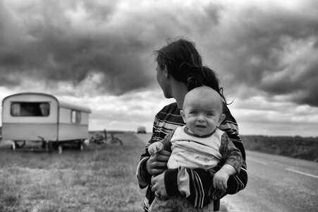 Black & White Image of Mother and her Baby Son Outdoors photo