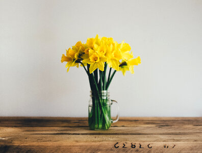 Bunch of Yellow Daffodils in a Glass Vase on a Wooden Table