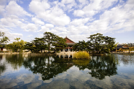 Palace and lake landscape in Seoul, South Korea photo
