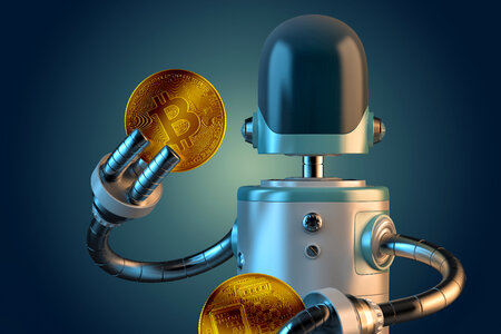 Robot hold bitcoin coins photo