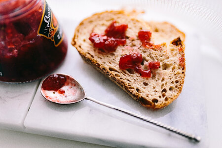 Bread with jam close up photo