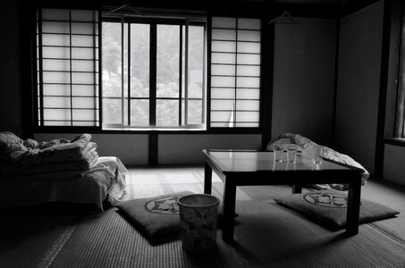 Futon tatami mats black and white photo