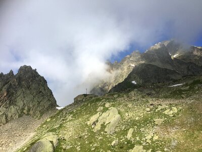 Mountain trail looking towards Mont Blanc mountain range photo