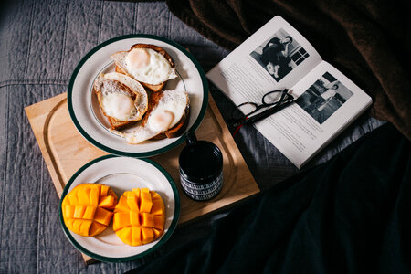 Book and Breakfast on the Wood Tray in Bed photo
