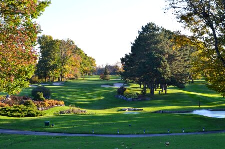 green golf course and blue sky photo