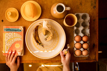 Breakfast Ingredients on Wooden Table photo