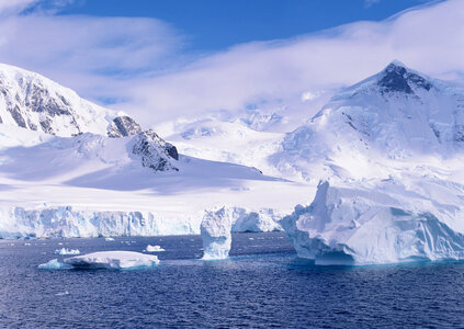 Glacial lake full of floating icebergs