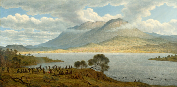 Mount Wellington and Hobart from Kangaroo Point with Aboriginals in Tasmania, Australia photo