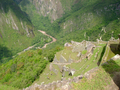 Terrace Steps and River Gorge in Machu Picchu, Peru photo