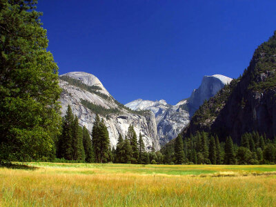 View of Yosemite National Park with fields and mountains, California photo