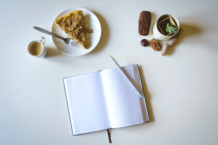 Journaling with cake and coffee photo