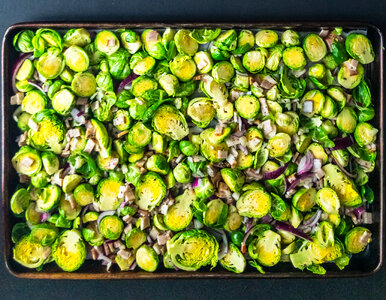 Healthy green brussels sprouts with onion photo