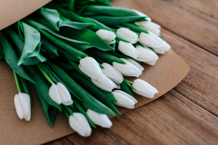 White Tulips on Wooden Table photo