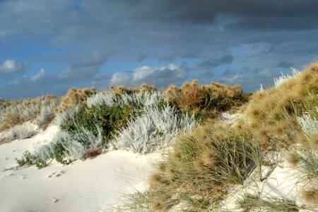 Sand dunes on blue sky background photo