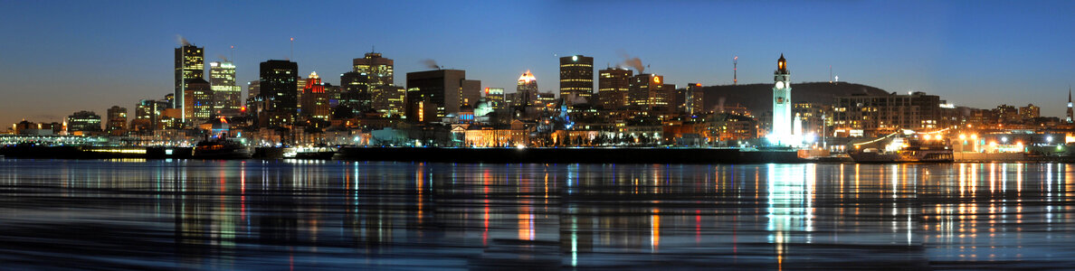Night Time Skyline with towers and buildings over the water in Montreal, Quebec