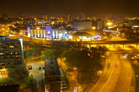 Downtown Coventry and Stadium at night