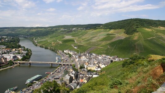 Winegrowing cask of mosel wine vines photo