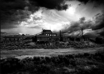 Black and white mining buildings photo