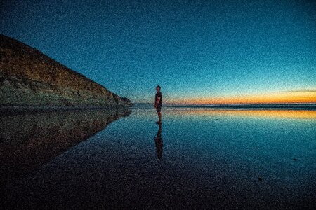 Man Calm Water Beach Sunset photo