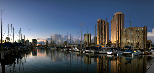 Boats and Towers at the dock in Honolulu, Hawaii photo