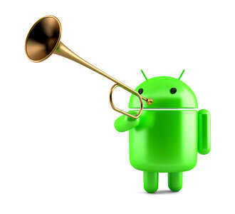 Android Robot with trumpet. Technology concept. 3D illustration. Isolated Contains clipping path.