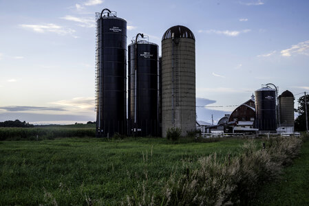 Farm and Silos at dusk