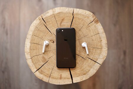 AirPods and iPhone on a Tree Trunk photo