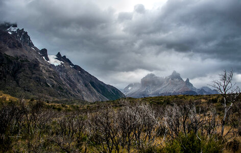 Mountains, landscape, sky, and clouds in Torres del Paine, Chile