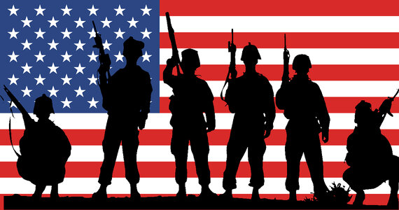 USA Flag with Soldiers Silhouette photo