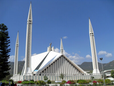 Elevation view of the Shah Faisal Masjid in Islamabad, Pakistan photo
